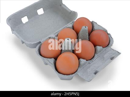 Six Brown eggs on cardboard box isolated on white background Stock Photo