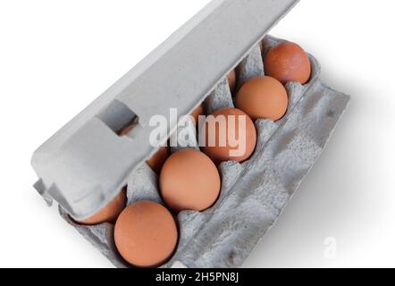 Ten brown eggs on cardboard box isolated on white background Stock Photo