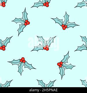 Holly branches vector seamless pattern. Doodle sketch in a minimalist style. Trendy illustration for wallpaper, paper, print, winter fabric Stock Vector