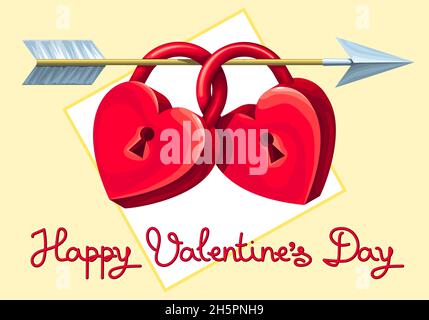 Valentine's card. Two red hearts-padlocks are closed together and dangling from the arrow. Stock Vector