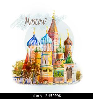 Modern art, symbol, Watercolor painting illustration. World famous landmark series: Kremlin and Cathedral of St. Basil in the Red Square Russia. the m Stock Photo