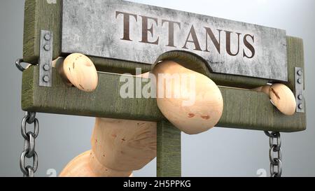 Tetanus impact and social influence shown as a figure in pillory to depict Tetanus's effect on human health and its significance and burden it brings Stock Photo