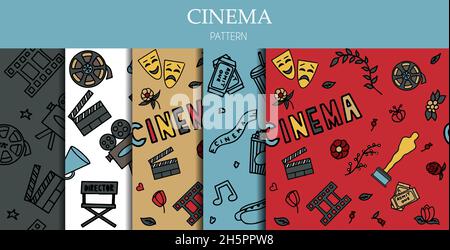 Seamless Pattern with Cinema, TV Shows, Series and Movies Funny Doodle Vector icons. Hand drawn colorful illustration. Set for podcast, awards and Stock Vector