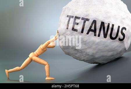 Tetanus - depiction, impression and presentation of this condition shown a wooden model pushing heavy weight to symbolize struggle and pain when deali Stock Photo