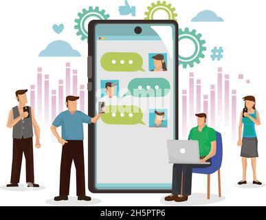 People communicate on the Internet, social networking with digital messages. Concept of innovation and technology. Cartoon character vector illustrati Stock Vector