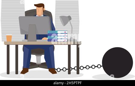 Chained businessman in his working desk. Business slave concept. Vector illustration Stock Vector