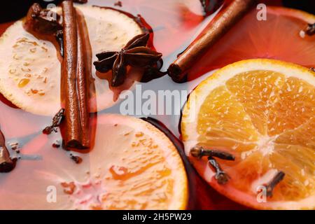 Mulled wine all over background, close up Stock Photo