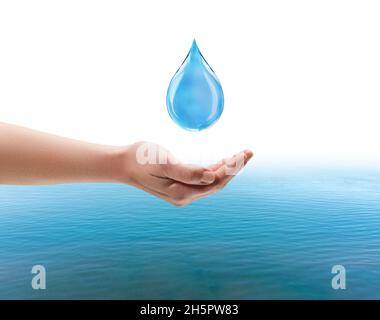 Hand try to holding water drop isolated on white background dropping. saving water concept. 3D illustration. High quality 3d illustration Stock Photo