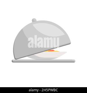 Food serving tray vector illustration. Plate under the metal silver dome, luxury concept service isolated on white background. Stock Vector