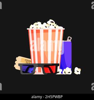 Movie time vector isolated popcorn, 3d glasses, soda and ticket background illustration, leisure waching film concept. Stock Vector