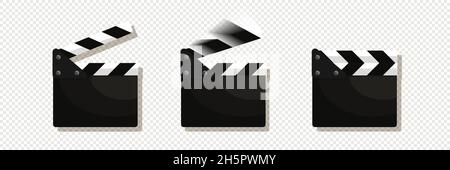Clapperboard closed and open in motion set flat vector isolated movie collection, cinematography concept. Stock Vector