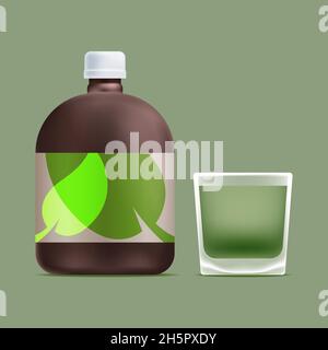 Chlorophyll bottle with transparent glass with green liquid, medical realistic supplement syrup vector isolated natural healthcare illustration. Stock Vector