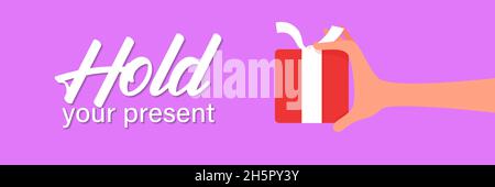 Hand holding present red box isolated on festive bright trendy flat color background. Gift surprise package concept backdrop. Stock Vector