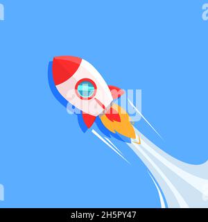 Rocket ship launching, flat rocketship startup background illustration on blue background Stock Vector