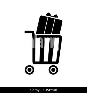 Shopping market trolley with gift box inside, special offer discount sale vector isolated icon, symbol of cart with present illustration. Stock Vector