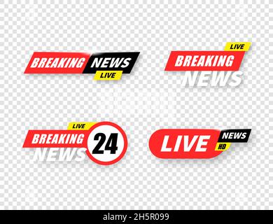 Breaking news live tv bar set, headline title collection on transparent background. Stock Vector