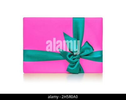 Bright pink gift box with green ribbon. Stock Photo