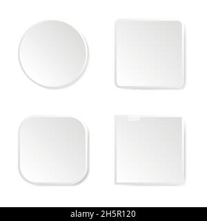 Button blank vector set, white clean buttons with shadow, round and rectangle shape illustration. Stock Vector