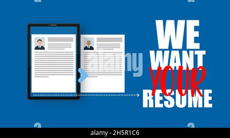 Online job recruitment, employee resume competition, flat illustration with businessman hands holding document papers Stock Vector