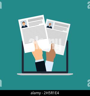 Online job recruitment, employee resume competition, flat illustration with businessman hands holding document papers Stock Vector