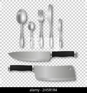 Cutlery realistic utensil set. Vector silver spoon fork knife collection isolated illustration. Stock Vector