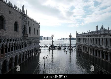 A view of the flooded St. Mark's Square during a period of seasonal high water in Venice, Italy November 24, 2019.(MvS) Stock Photo