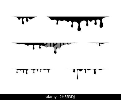 Liquid drips collection vector black isolated paint, flowing drops dark flat set illustration Stock Vector