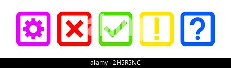 Icon vector set, checkmark, cross, exclamation, question and geer in boxes flat collection. Information sign collection isolated marks illustration Stock Vector