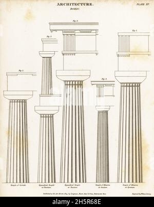 Examples of Doric pillars or columns, classical architecture. Temple of Corinth, Hypaethral Temple at Paestum, Temple of Minerva at Sunium, Temple of Minerva at Syracuse. Copperplate engraving by Wilson Lowry from Abraham Rees' Cyclopedia or Universal Dictionary of Arts, Sciences and Literature, Longman, Hurst, Rees and Orme, London, 1809. Stock Photo