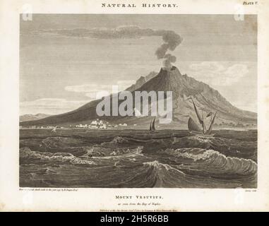 Mount Vesuvius as seen from the Bay of Naples, Italy, 1797. Smoke rising from the crater and lava flowing down the mountain side. Copperplate engraving by Wilson Lowry after a sketch by Richard Duppa from Abraham Rees' Cyclopedia or Universal Dictionary of Arts, Sciences and Literature, Longman and Rees, London, 1802. Stock Photo