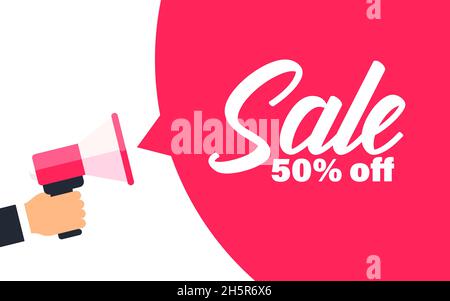 Sale vector discount shopping hand holding megaphone background, hot price deal backdrop shape illustration Stock Vector