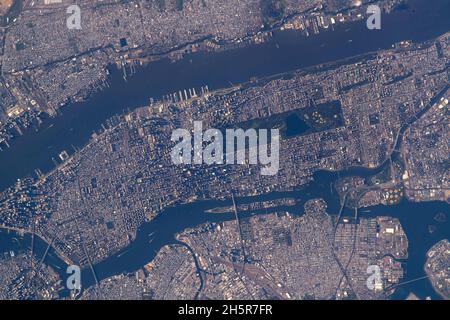 NEW YORK, USA - 15 October 2021 - Central Park figures prominently in this photograph of Manhattan Island in New York City as the International Space Stock Photo