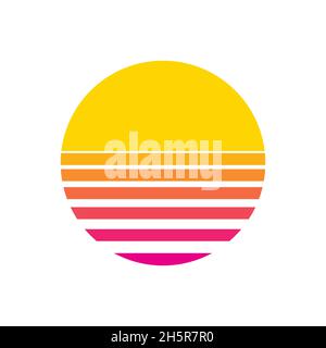 Sun retro sunset or sunrise element 1980s style. Retrowave sun flat design banner isolated illustration Stock Vector