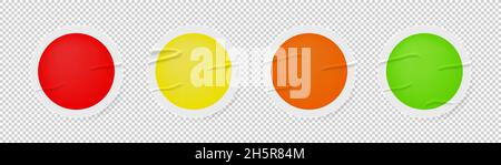 Sticker blank with wrinkles colored adhesive mock up set, round collection of curved sticky circle paper folded realistic fold vector isolated illustr Stock Vector