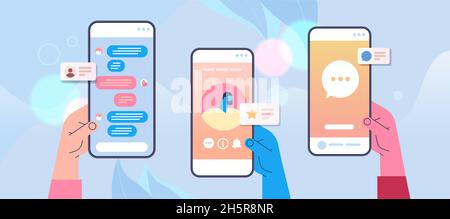 hands using mobile chatting apps on smartphone screens online communication talking speak conversation dialog Stock Vector