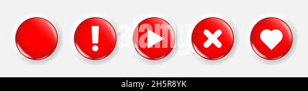 Red button realistic set in modern neumorphism style, exclamation mark, play, cross and heart icons on red glossy neumorphic buttons collection Stock Vector