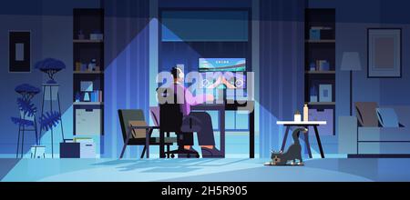 virtual gamer playing online video game on computer man in headphones sitting in front of monitor Stock Vector