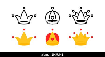 Crown vector linear and flat icon set, golden crowns royal collection illustration Stock Vector