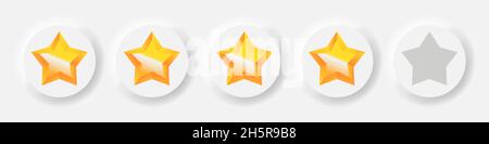 Neumorphism golden stars rating neumorphic buttons, vector review, gold star set rate illustration Stock Vector