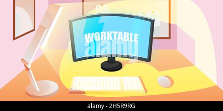 Workplace vector flat illustration, computer workspace backdrop template. Stock Vector
