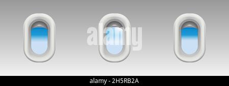 Airplane windows, vector background with plane window blue sky mock up element illustration. Stock Vector