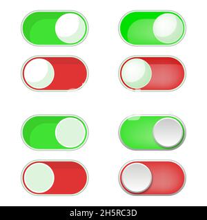 Toggle switch button on off, green and red buttons set vector isolated illustration. Stock Vector