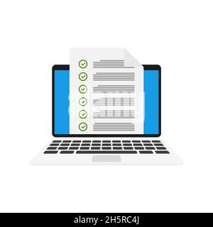 Feedback concept check list paper in laptop, flat vector illustration Stock Vector