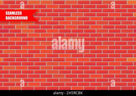 Red brick wall seamless background texture, flat brickwork construction backdrop material surface illustration. Stock Vector