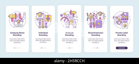Types of branding strategies onboarding mobile app page screen Stock Vector