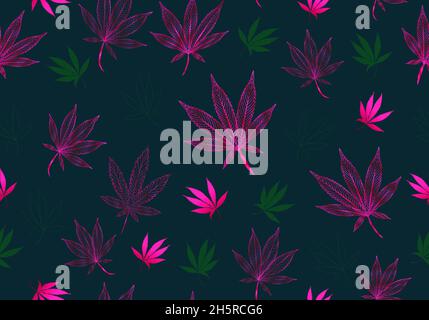 Seamless Marijuana, Cbd, Weed Neon Modern Pattern.Hand Drawn Contours of Leaves. Stock Photo