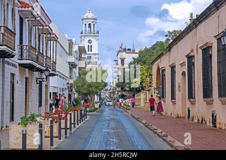 Palacio Consistorial clocktower in Ciudad Colonial, Spanish historic neighborhood in the city Santo Domingo, Dominican Republic, Hispaniola, Caribbean Stock Photo