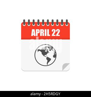 April 22, Earth Day calendar with planet icon in flat style, isolate vector illustration. Stock Vector