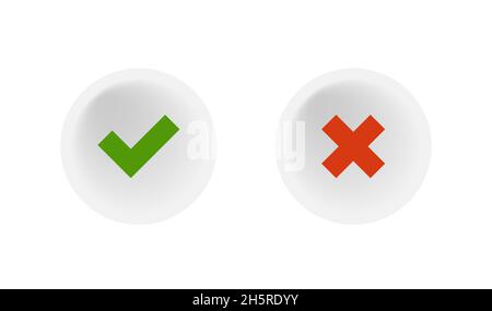 Approved check and cross mark symbol. Realistic white button sticker vector Stock Vector