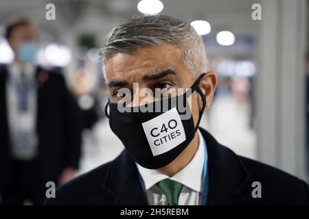 Glasgow, Scotland, UK. 11th November 2021. Day twelve of the UM COP26 climate summit in Glasgow. Pic; Mayor of London Sadiq Khan visits COP26 Blue Zone this morning.  Iain Masterton/Alamy Live News. Stock Photo